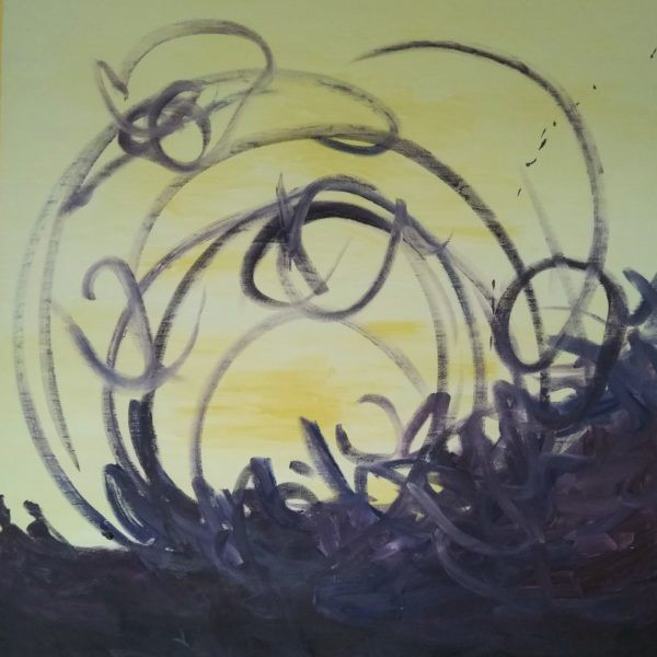 Abstract painting with yellow background and dark circular lines