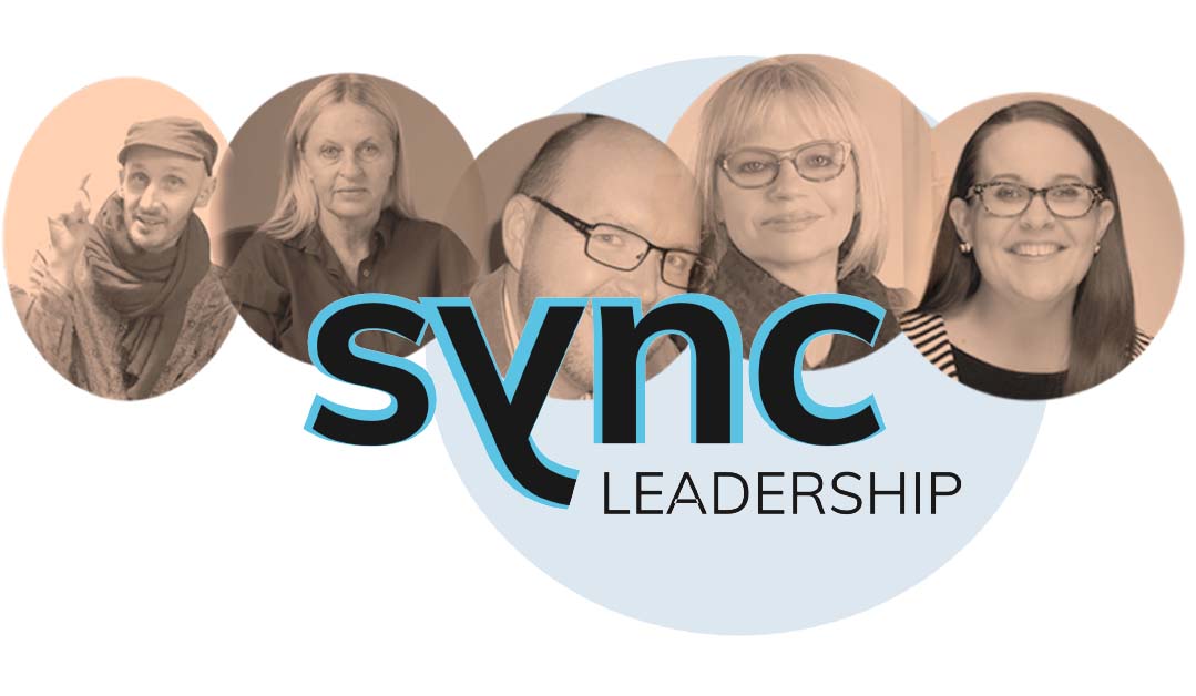 Orange circles overlapping with people's headshots in them. The Sync Leadership logo is laid over the top.