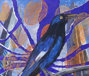 An artwork by Andrea Carroll. It is a painting of a dark coloured bird