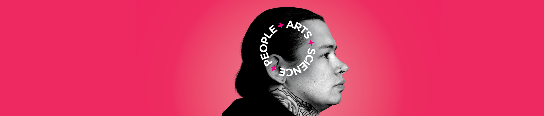 Persons head on a pink background. The words "People, Arts, Science" are around them.