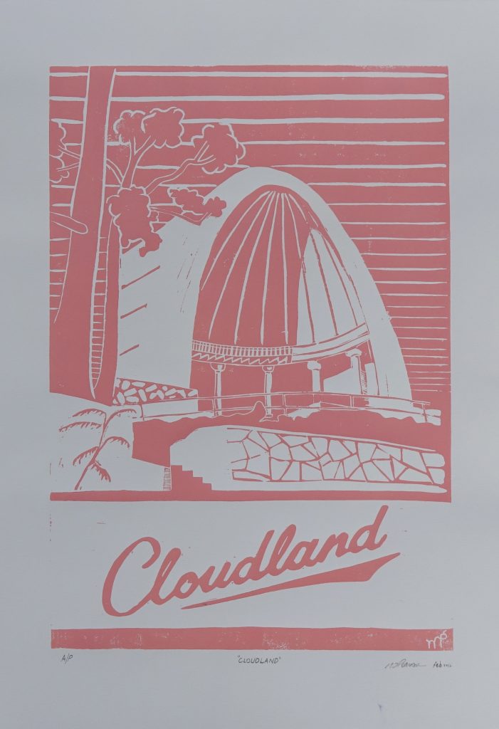 A lino artwork in white and orange that says "Cloudland"