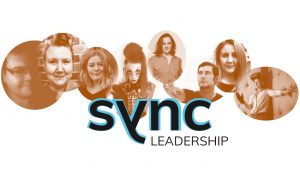 Eight orange circles is a line with headshots of Sync participants in each, Sync Leadership Logo is overlaid on top of the graphic