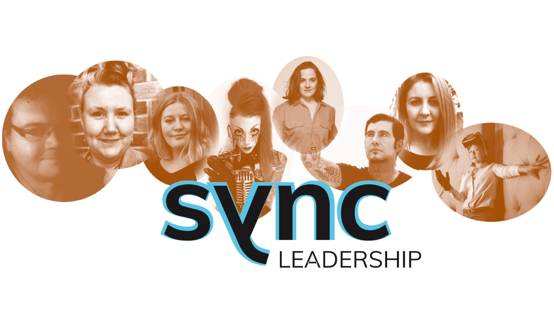 Eight orange circles is a line with headshots of Sync participants in each, Sync Leadership Logo is overlaid on top of the graphic