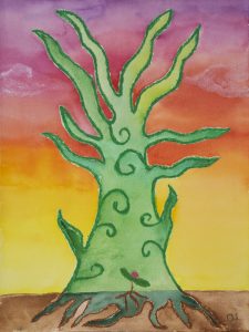 A painting of a green tree with a pink and yellow sunset behind