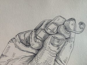 A sketched illustration of a hand holding a single cherry.