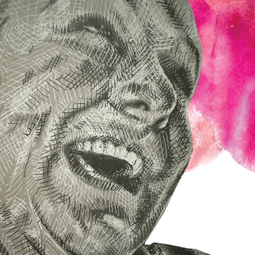 Donna Lawrence's artwork is etched on top of a pink watercolour background. The artwork is a self portrait of Donna who is smiling and looking off to the side.