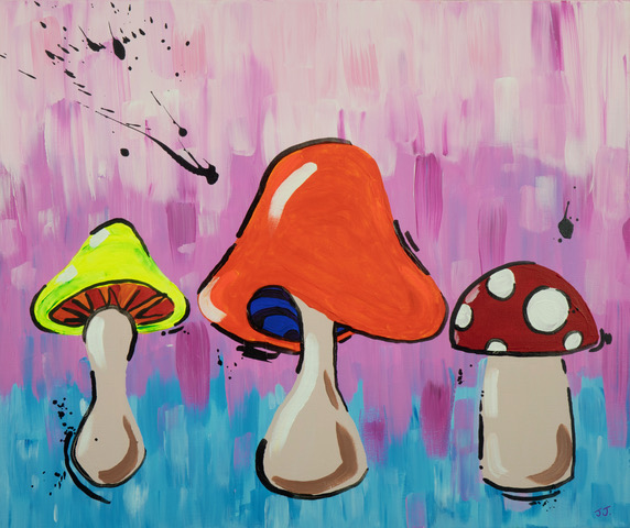 A brightly coloured painting of three stylised mushrooms against a pink and purple background. Each mushroom is a different size and colour, with bold outlines and playful, cartoon-like forms.