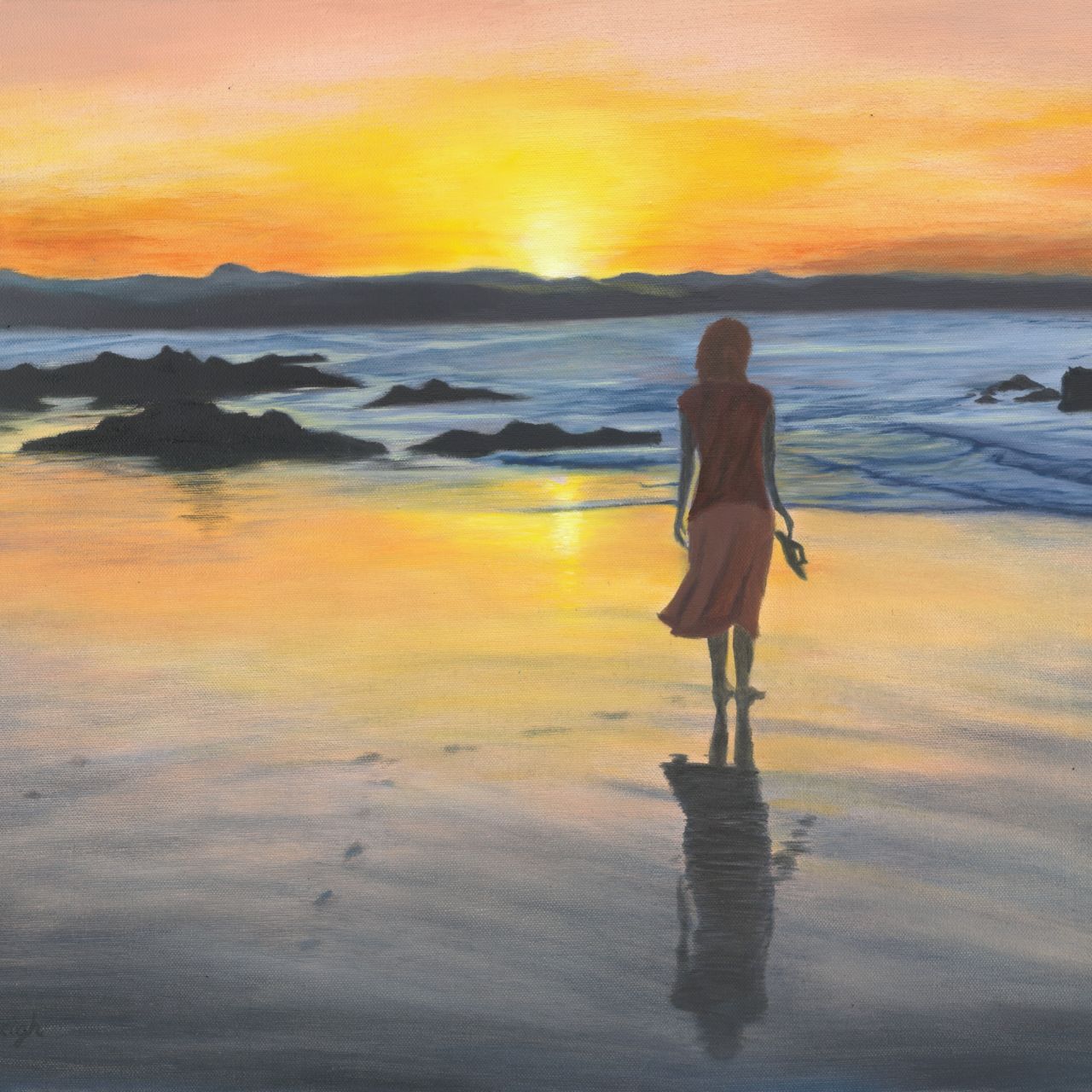 A figurative painting of a person standing at the shoreline, facing a glowing sunset over the ocean. Warm orange and yellow tones fill the sky, reflecting on the water, with distant dark landforms on the horizon.