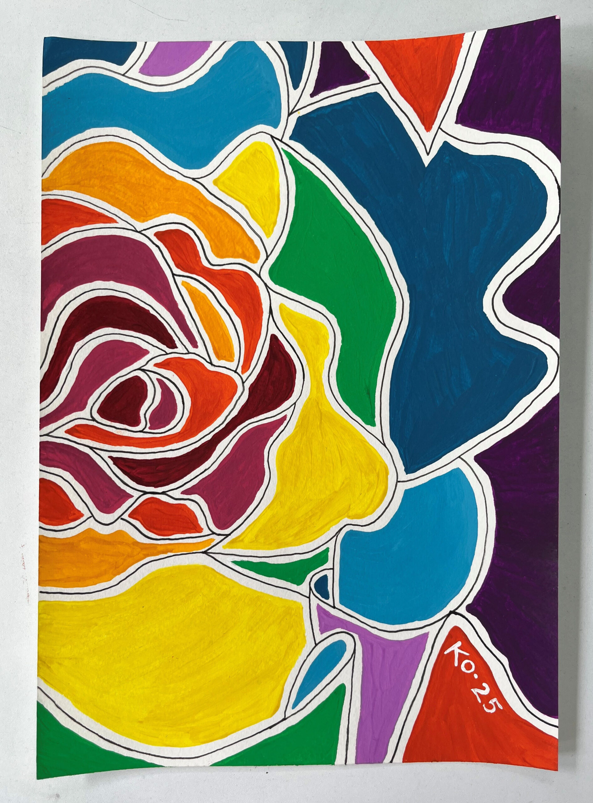 An abstract painting composed of flowing, organic shapes outlined in white, filled with rich colours including red, yellow, blue, green, and purple, forming a rose-like structure.