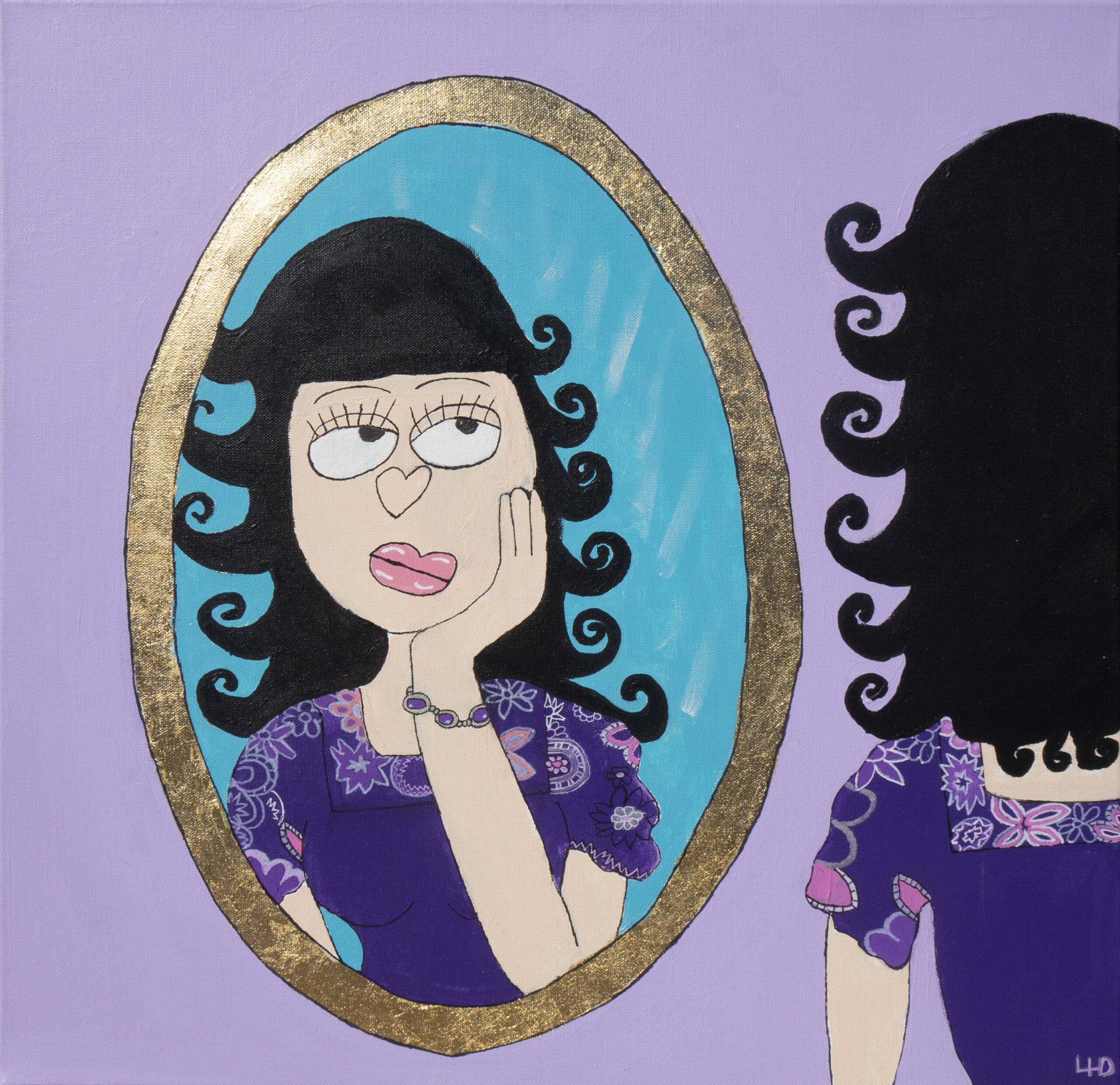A stylised portrait of a woman looking at her reflection in an oval mirror. The figure has dark curly hair, exaggerated facial features, and wears a patterned purple dress against a soft lavender background.